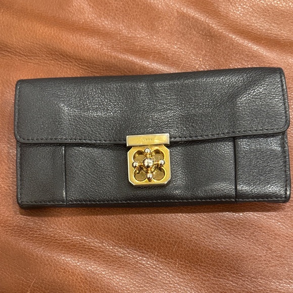 Chloe Black and Gold Turnlock Leather Wallet